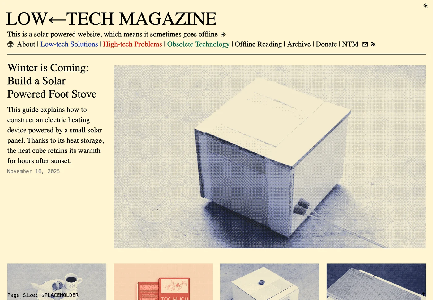 Low-tech Magazine solar-powered website with dithered images